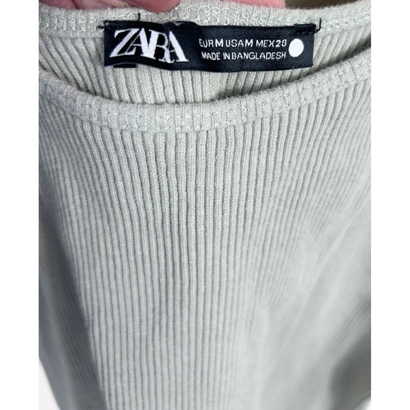 Y2K ZARA Pleated Puff Sleeve Ribbed Crop Top Womens M Sage Milkmaid Dainty Fairy - Picture 3 of 9